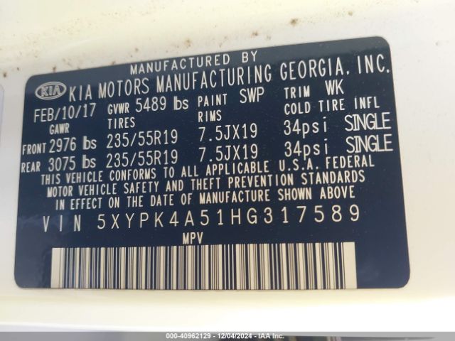 5XYPK4A51HG317589 KIA Sorento 3.3l Sx