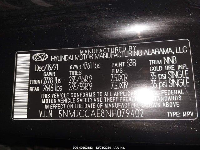 5NMJCCAE8NH079402 Hyundai TUCSON SEL