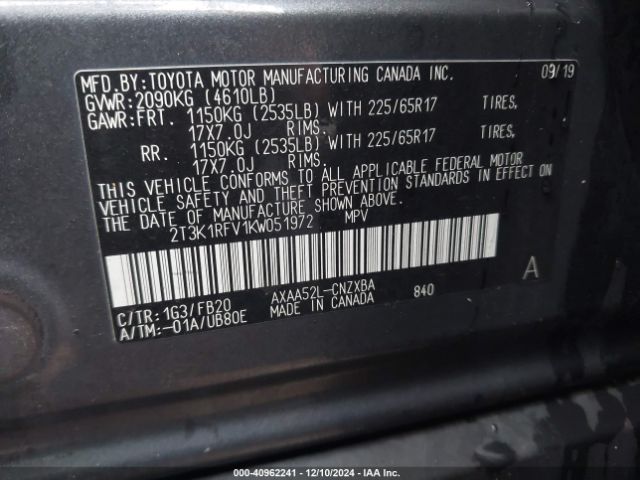 2T3K1RFV1KW051972 Toyota RAV4 LE