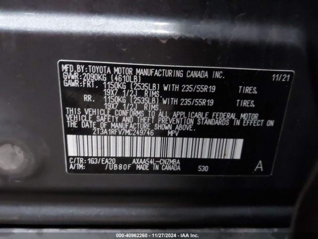 2T3A1RFV7MC249746 Toyota Rav4 Xle Premium