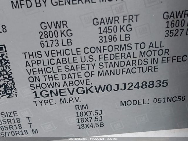 1GNEVGKW0JJ248835 Chevrolet Traverse 1lt