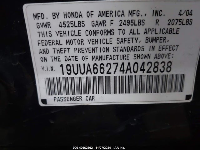 40962302 :رقم المزاد ، 19UUA66274A042838 vin ، 2004 Acura Tl مزاد بيع