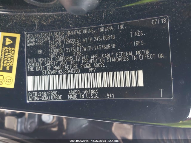 5TDZARFH2JS040200 Toyota Highlander Le