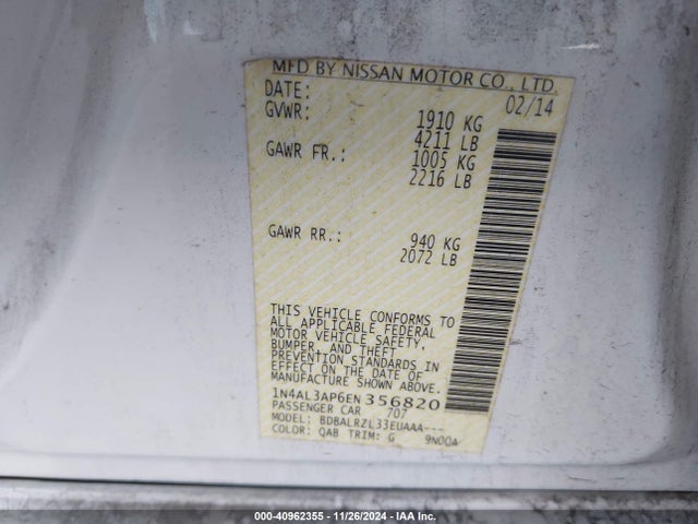 Nissan Altima 2.5 S 2014 1N4AL3AP6EN356820 Image 9