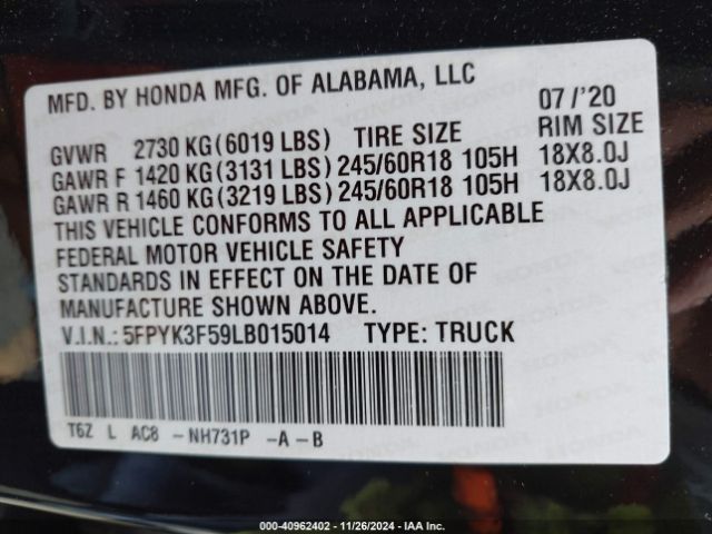 5FPYK3F59LB015014 Honda Ridgeline Awd Rtl
