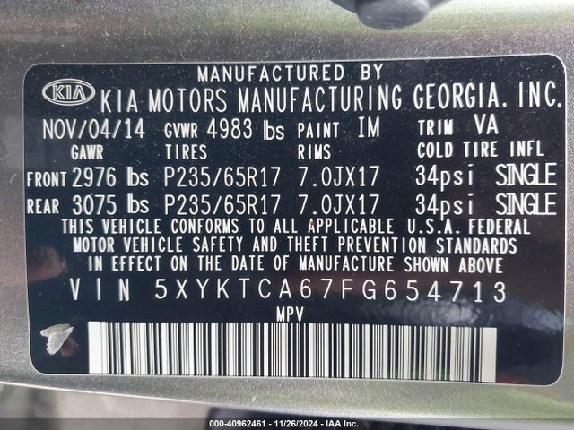 KIA SORENTO LX 2015 5XYKTCA67FG654713 Image 9