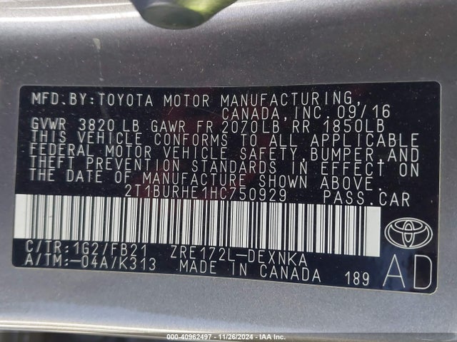 Toyota COROLLA LE 2017 2T1BURHE1HC750929 Image 9
