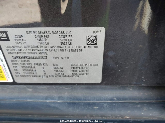 1GNKRGKD9GJ309307 Chevrolet Traverse 1lt