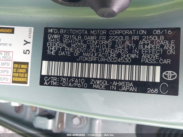Toyota Prius Two 2017 JTDKBRFUXH3024530 Image 9