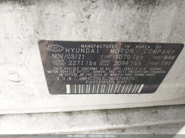 KMHC75LC0NU278971 Hyundai Ioniq Hybrid Se