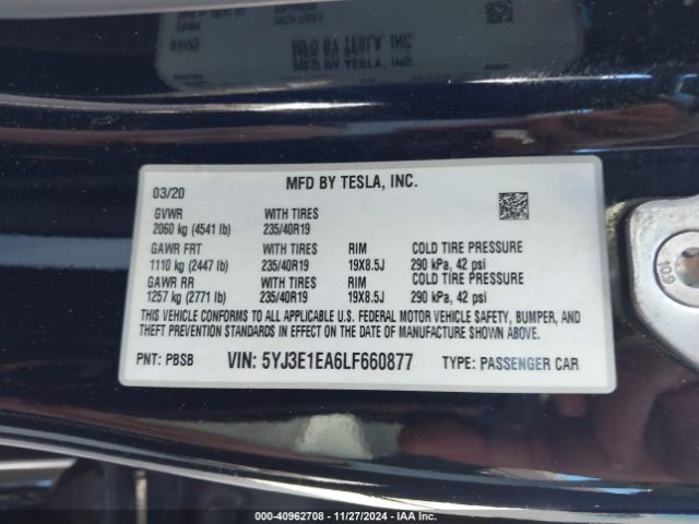 5YJ3E1EA6LF660877 Tesla MODEL 3