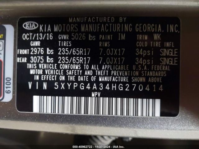 5XYPG4A34HG270414 KIA Sorento 2.4l Lx