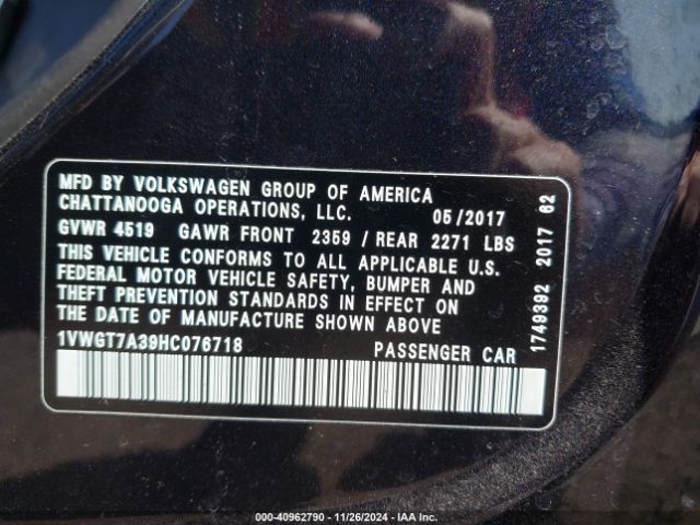 1VWGT7A39HC076718 Volkswagen Passat 1.8t Se