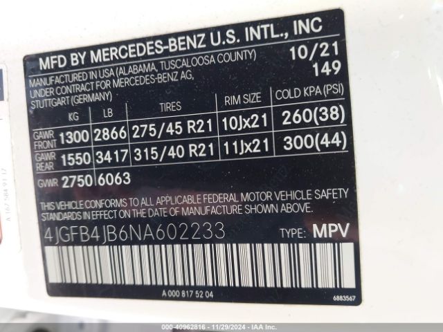 4JGFB4JB6NA602233 Mercedes-Benz GLE 350