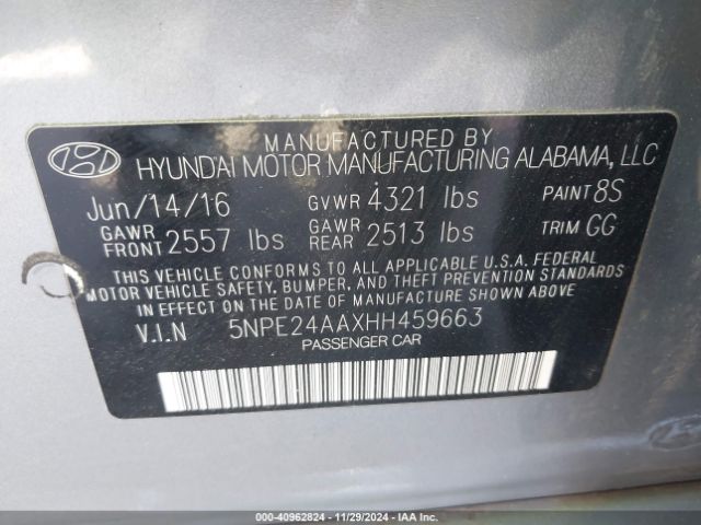 5NPE24AAXHH459663 Hyundai SONATA ECO