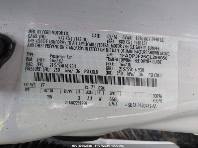 Ford FOCUS SE 2016 1FADP3F26GL298060 Image 9