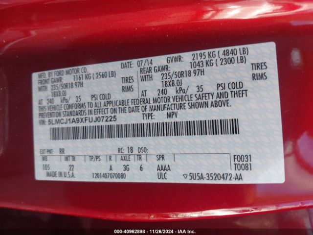 5LMCJ1A9XFUJ07225 Lincoln MKC