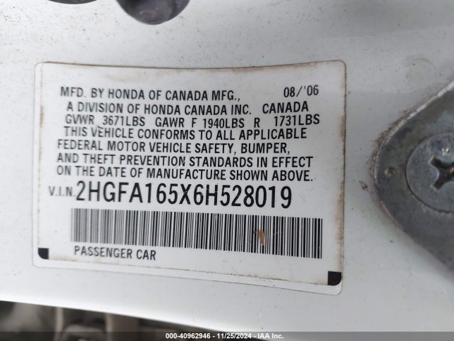 40962946 :رقم المزاد ، 2HGFA165X6H528019 vin ، 2006 Honda Civic Lx مزاد بيع