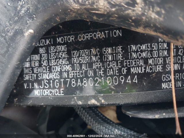 2012 SUZUKI GSX-R1000 JS1GT78A8C2100944 Photo 9