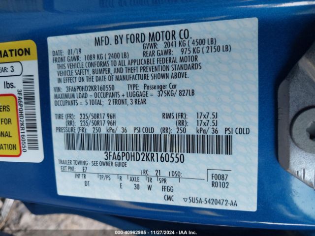 3FA6P0HD2KR160550 Ford FUSION SE