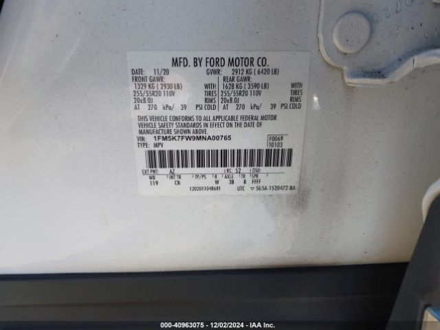 1FM5K7FW9MNA00765 Ford Explorer Limited