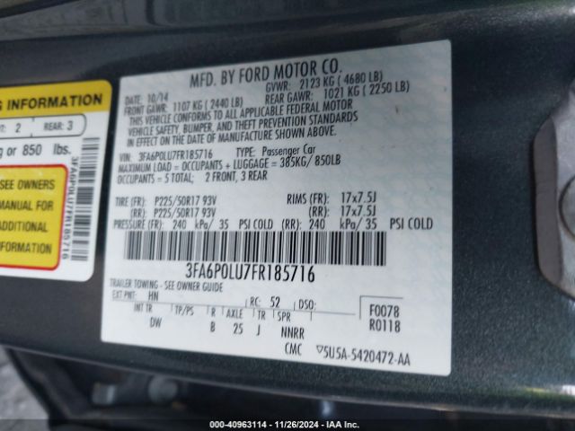 3FA6P0LU7FR185716 Ford Fusion Hybrid Se