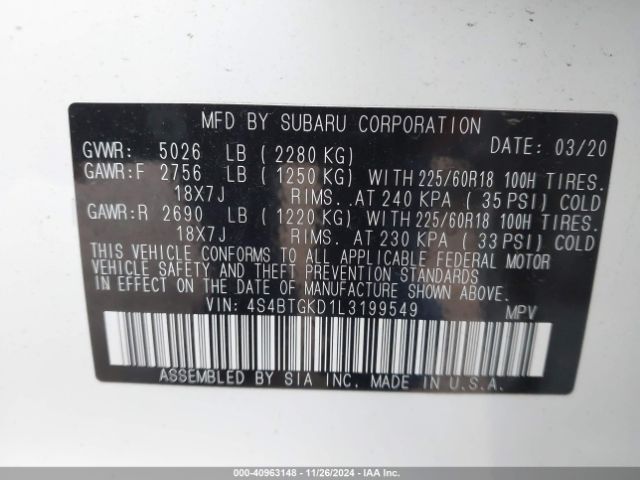 4S4BTGKD1L3199549 Subaru Outback Onyx Edition Xt
