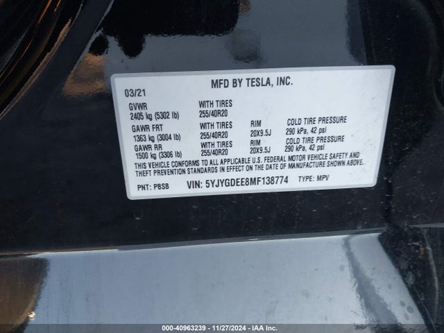 2021 TESLA MODEL Y 5YJYGDEE8MF138774 Photo 8