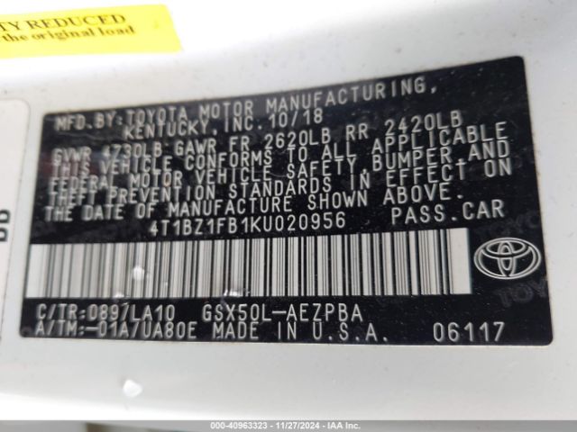 4T1BZ1FB1KU020956 Toyota AVALON LIMITED