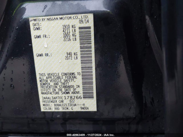 Nissan Altima 2.5 S 2015 1N4AL3AP7FC178266 Image 9