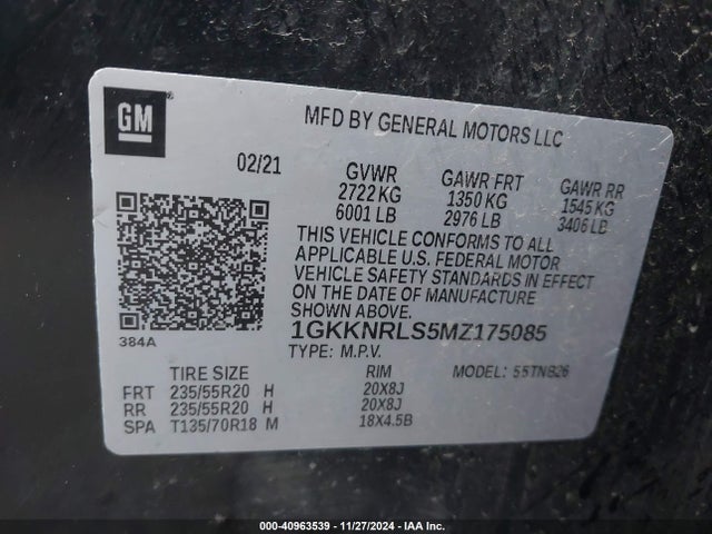 1GKKNRLS5MZ175085 GMC Acadia Awd Sle