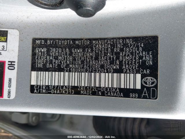 2T1BURHE2FC320419 Toyota Corolla S Premium