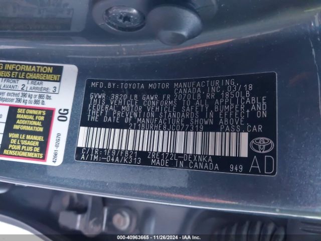 2T1BURHE8JC077319 Toyota COROLLA LE