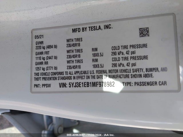 2021 TESLA MODEL 3 5YJ3E1EB1MF978982 Photo 8