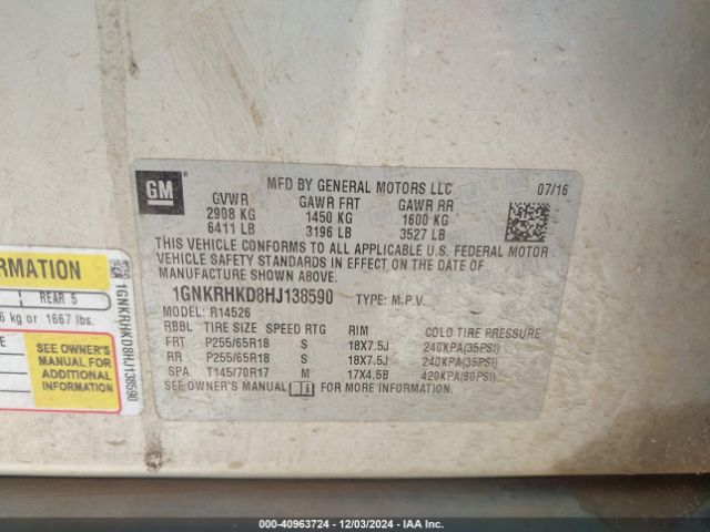 1GNKRHKD8HJ138590 Chevrolet Traverse 2lt