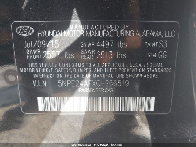 5NPE24AFXGH266519 Hyundai SONATA SE