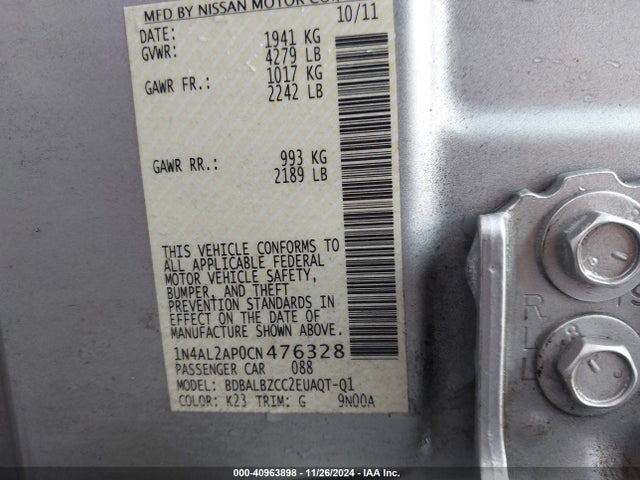 Продажа на аукционе авто 2012 Nissan Altima 2.5 S, vin: 1N4AL2AP0CN476328, номер лота: 40963898
