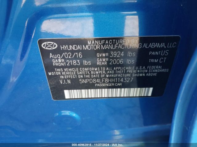 5NPD84LF8HH114327 Hyundai Elantra Limited