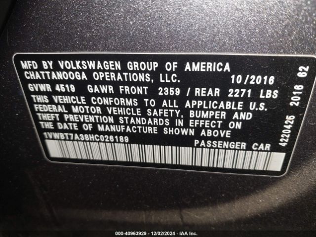 1VWBT7A38HC026189 Volkswagen Passat 1.8t Se
