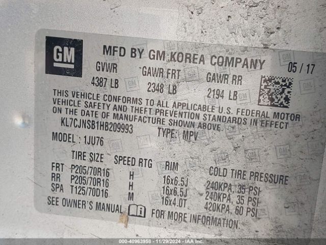 KL7CJNSB1HB209993 Chevrolet TRAX LS