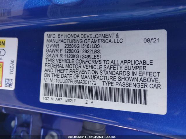 19UUB7F03MA001172 Acura Tlx Type S