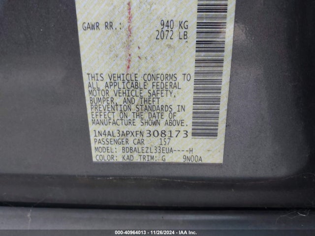 Nissan Altima 2.5 S 2015 1N4AL3APXFN308173 Image 9