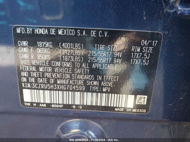 3CZRU5H3XHG704599 Honda HR-V LX