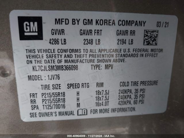 KL7CJLSM3MB366098 Chevrolet Trax Fwd Lt