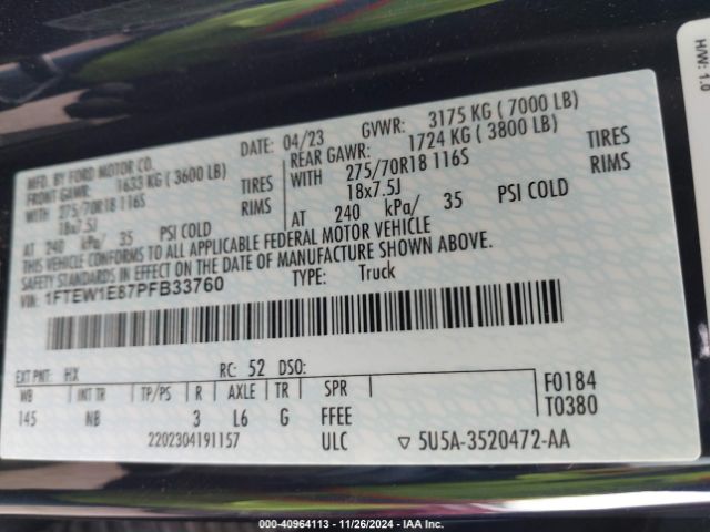 1FTEW1E87PFB33760 Ford F-150 Tremor