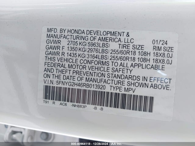 Honda Pilot Ex-l 2024 5FNYG2H46RB013920 Image 9
