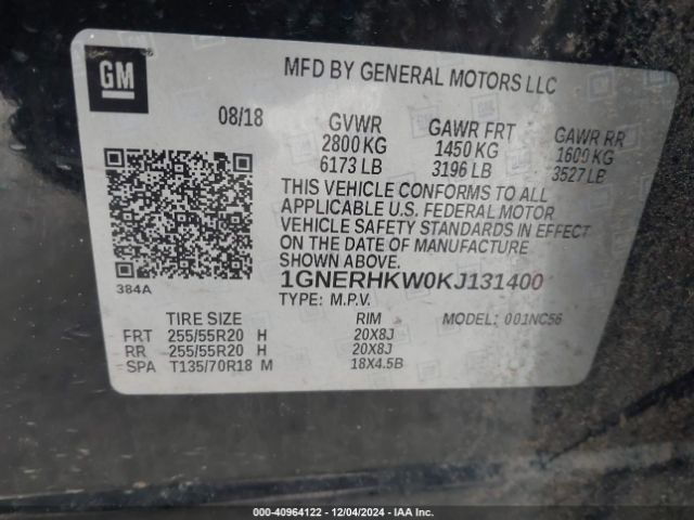 1GNERHKW0KJ131400 Chevrolet Traverse 3lt