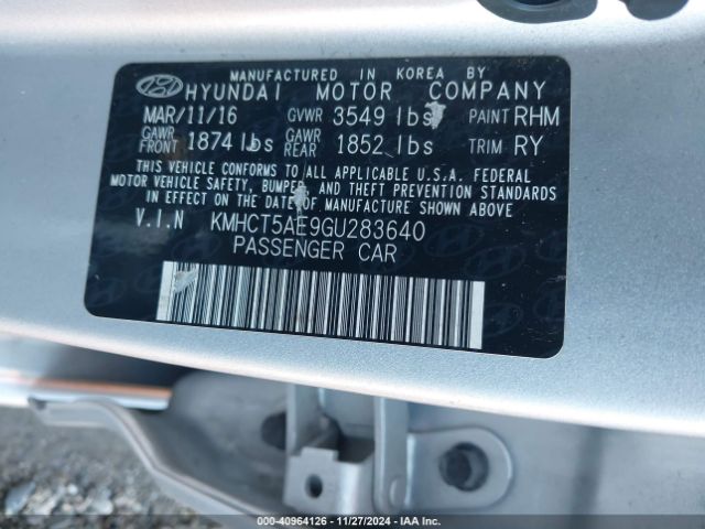 KMHCT5AE9GU283640 Hyundai ACCENT SE