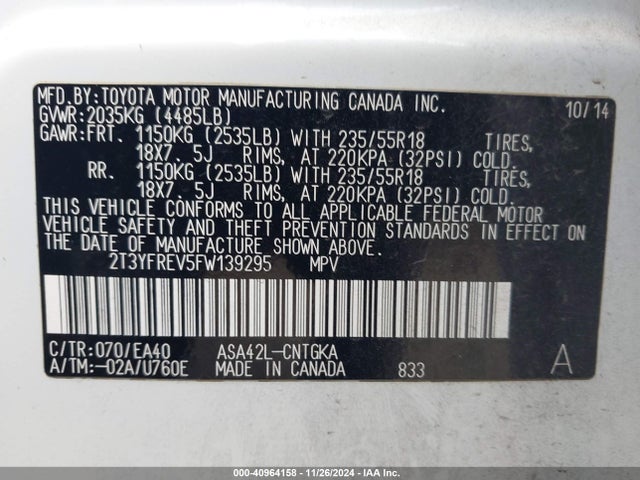 Toyota Rav4 Limited 2015 2T3YFREV5FW139295 Image 9