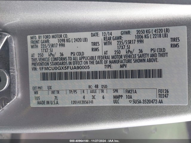 Ford ESCAPE SE 2015 1FMCU0GX5FUA90005 Image 9